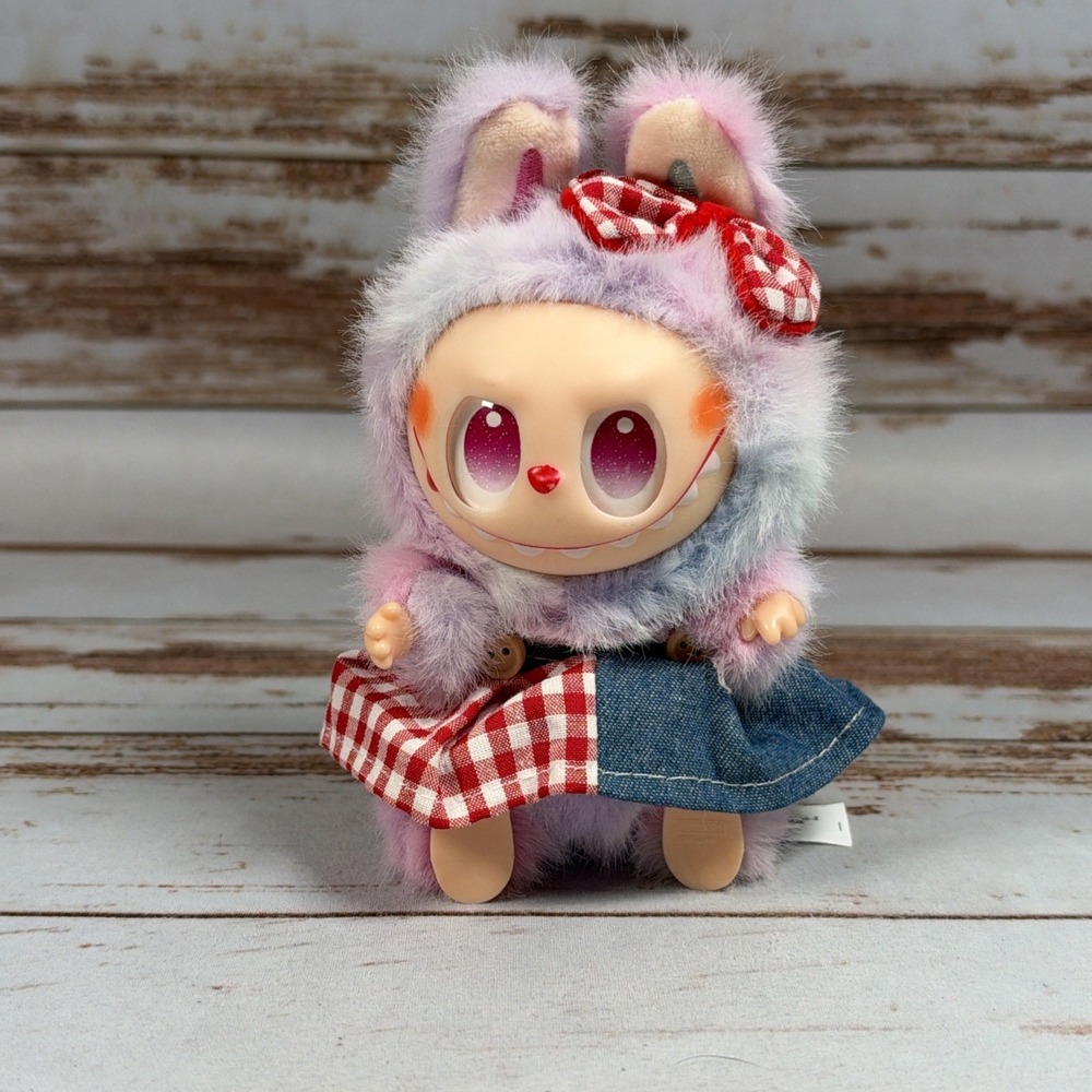 Pop Mart Labubu Vinyl Face Pastel Fur Plush Doll Gingham Overalls Dress Hat